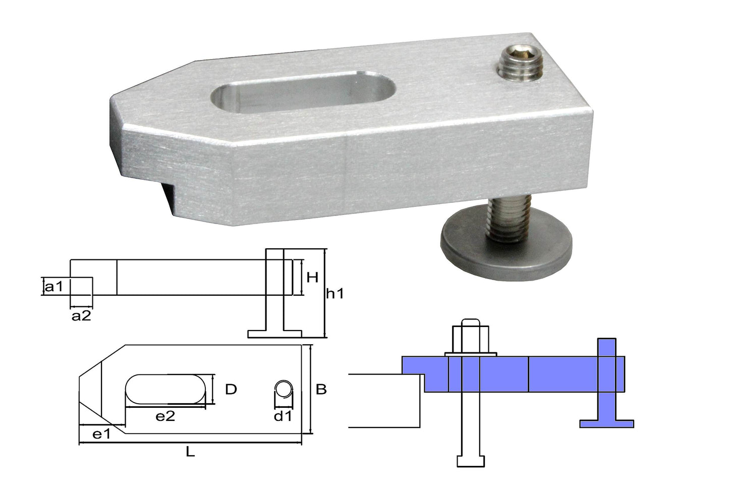 Height-adjustable cast aluminium clamp M8x60x25x12